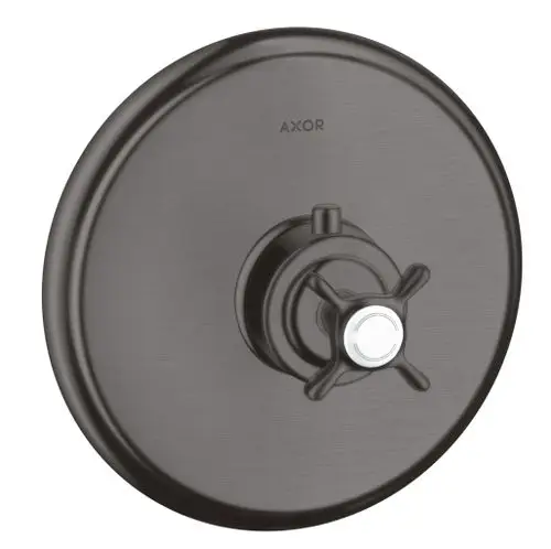Thermostat-Unterputz mit Kreuzgriff in Brushed Black Chrome. Axor-Design, runde Abdeckung und zentraler Drehgriff zur Temperaturregulation.